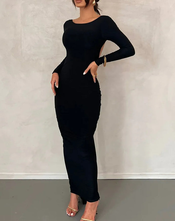 Draped Backless Long Sleeve Maxi Dress - View 3 | VelvetHem