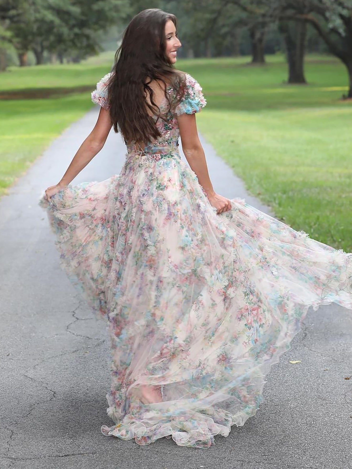A Line Floral White Long Prom Dress - Fashionpara