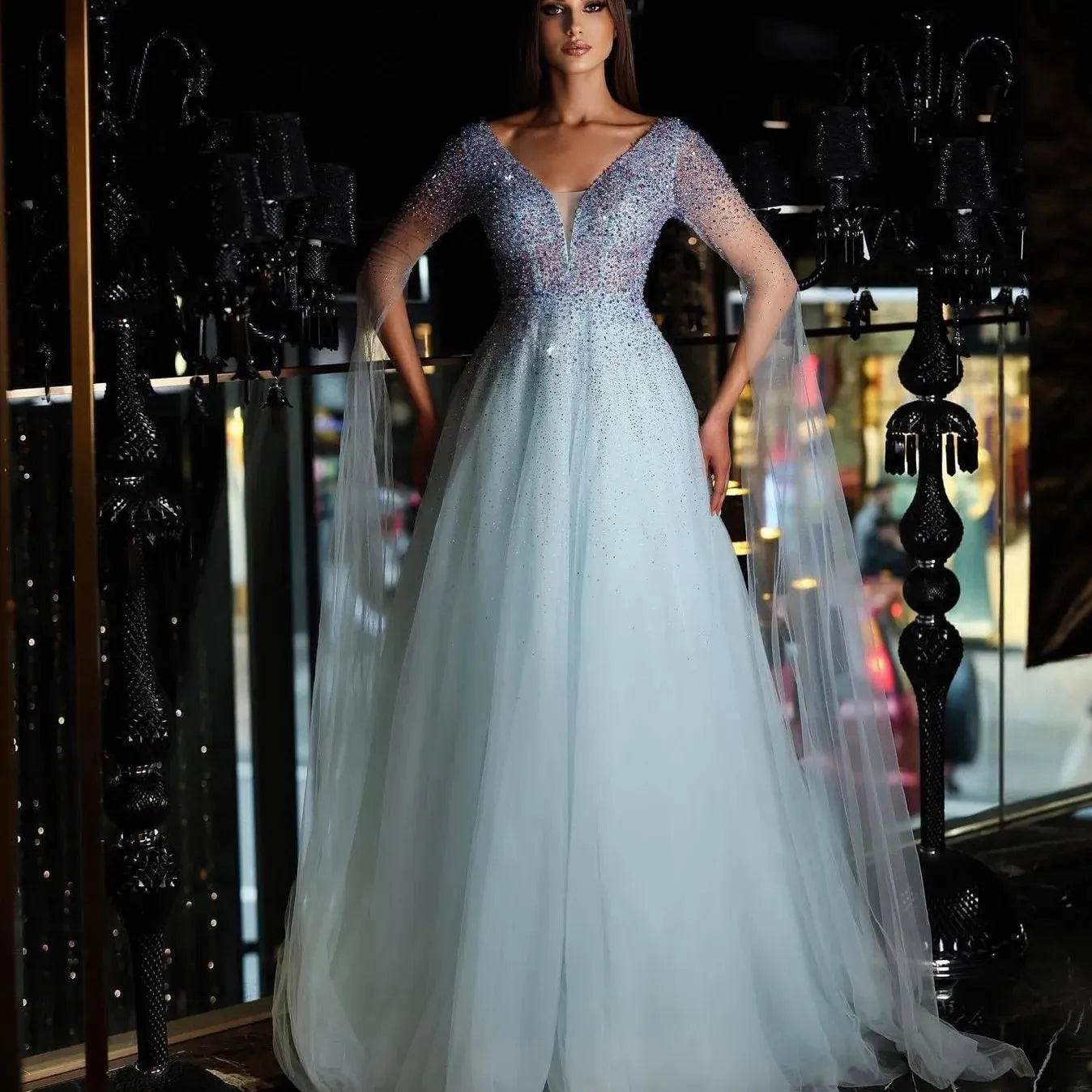 Noble Sky Blue Tulle Prom Dress V-Neck Long Cape Floor Length Ruched Sequineds Formal Evening Dress Women Party Gowns