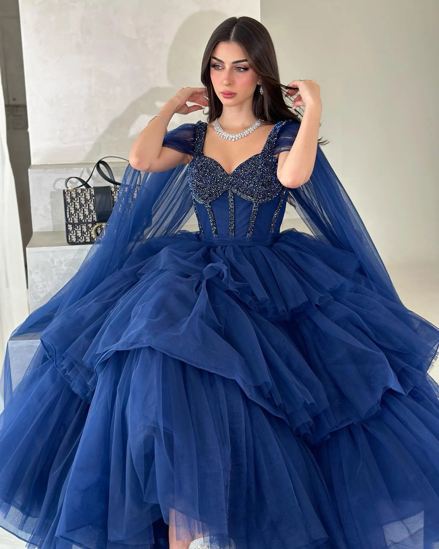 Elegant Royal Blue Tulle Evening Dresses Appliques Tiered Long Cape Sleeves Women Formal Occasion Prom Dress for women