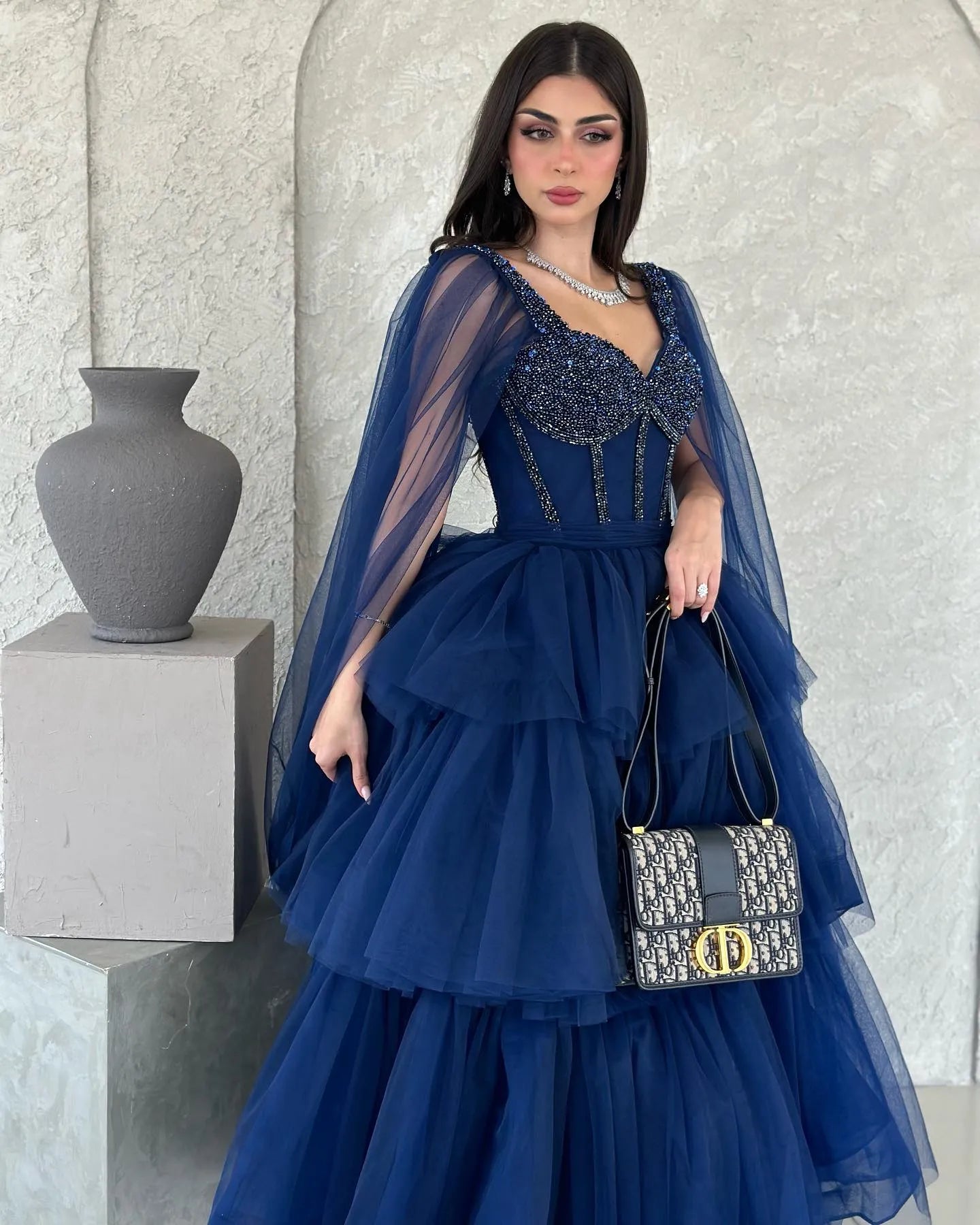 Elegant Royal Blue Tulle Evening Dresses Appliques Tiered Long Cape Sleeves Women Formal Occasion Prom Dress for women
