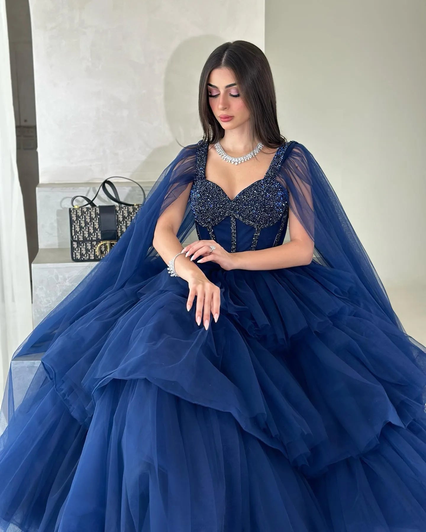 Elegant Royal Blue Tulle Evening Dresses Appliques Tiered Long Cape Sleeves Women Formal Occasion Prom Dress for women