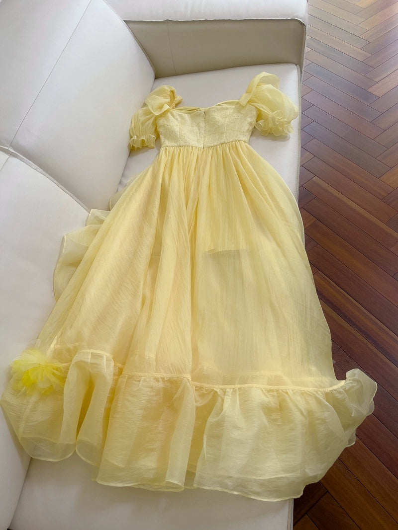 A Line Yellow Long Prom Dress Ruffle Short Sleeves Evening Gown J8607
