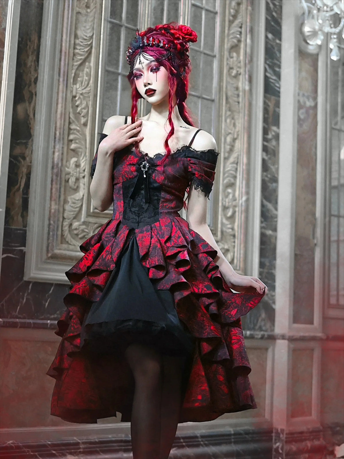 Japanese Gothic Style Red Black Halloween Off-Shoulder Court Wave Autumn Dark High-Waist Lolita Party Dress - View 3 | VelvetHem