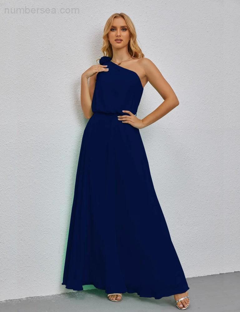 Ruffled One Shoulder Sleeveless Long Bridesmaid Dresses A-line Formal Evening Gown Side Split 28080 (ZD17018)