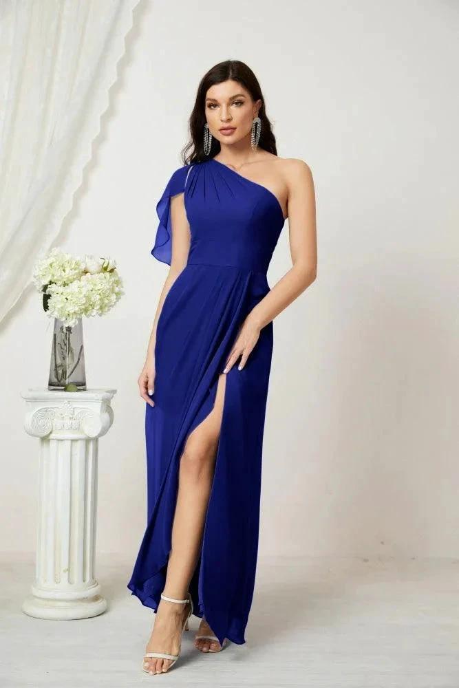 Numbersea Chiffon Ruffled One Shoulder Long Bridesmaid Dresses A-line Formal Evening Gown Side Split 2809 by numbersea
