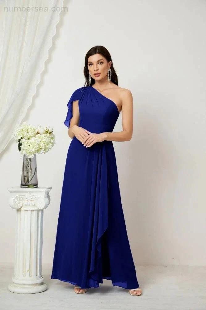 ZapDress  Chiffon Ruffled One Shoulder Long Bridesmaid Dresses A-line Formal Evening Gown Side Split 2809 (ZD17049)