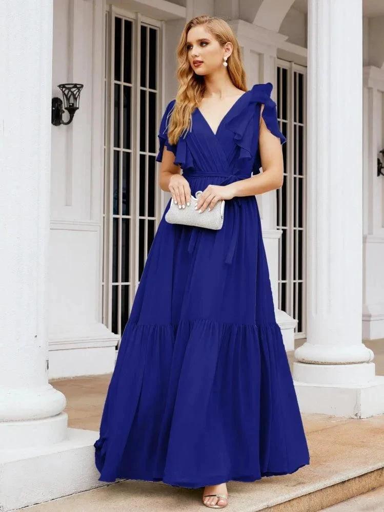 Numbersea Women's Open Back Formal Evening Party Prom Gowns V-Neck Long Chiffon Bridesmaid Dresses with Waist Belt 28038 by numbersea