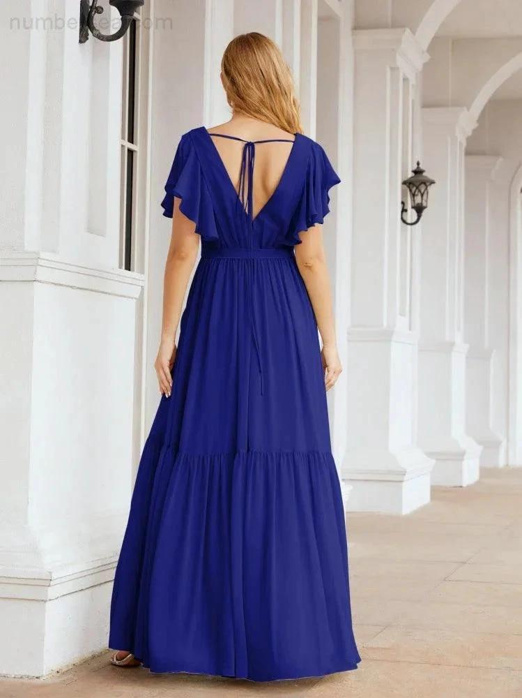 ZapDress Women's Open Back Formal Evening Party Prom Gowns V-Neck Long Chiffon Bridesmaid Dresses with Waist Belt 28038 (ZD17000)