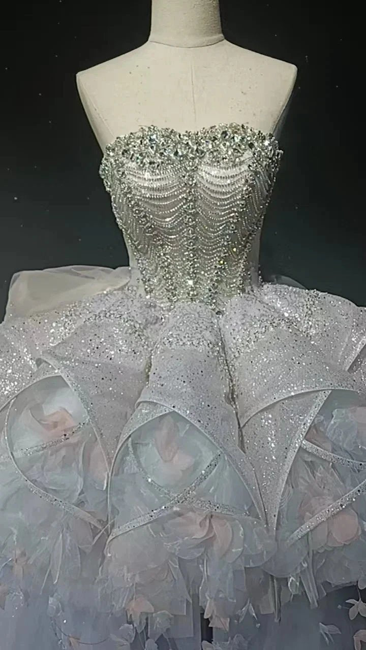 Starry veil feather crystal embellished flower bud dress (ZD16771)