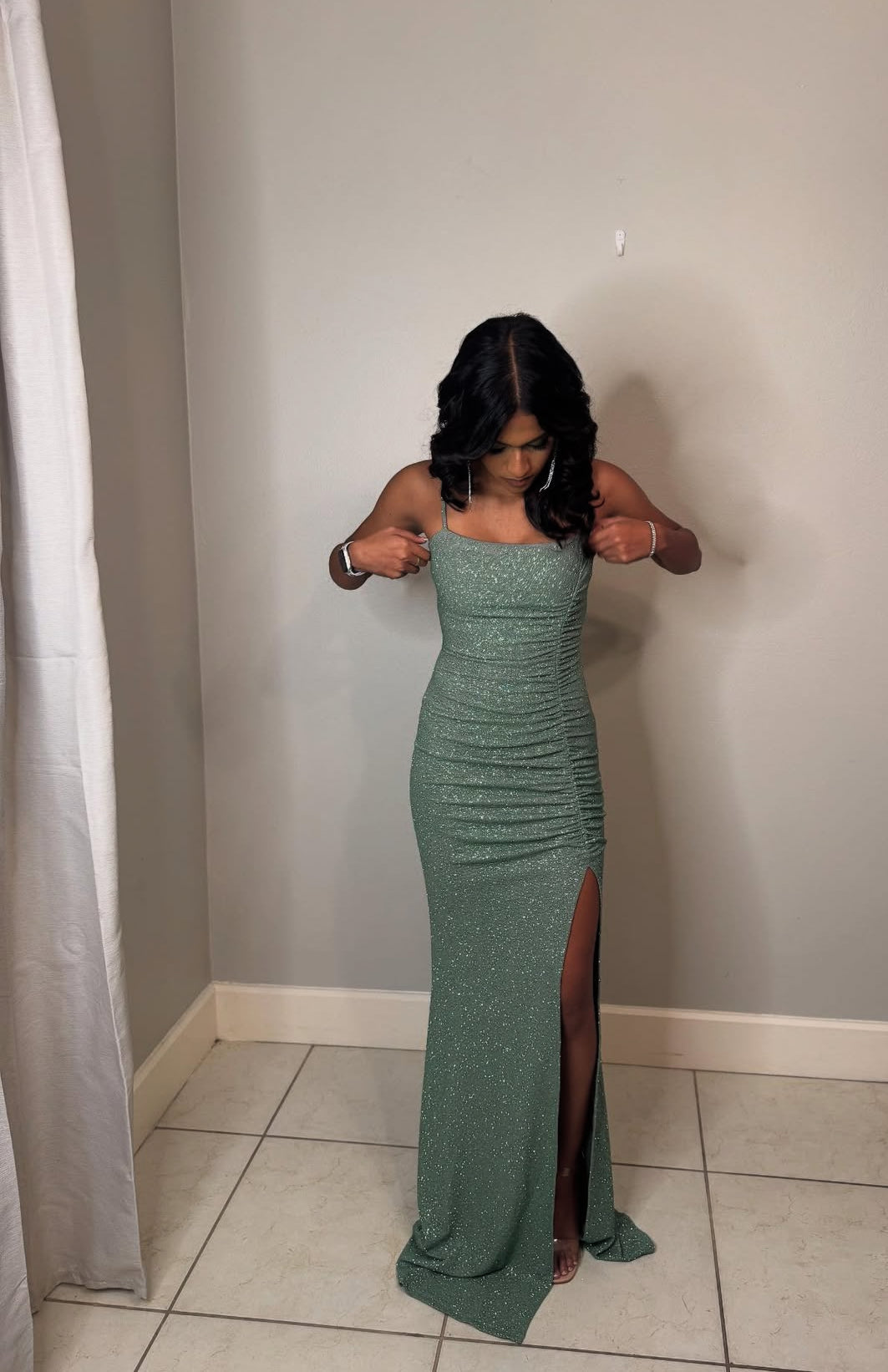 Spaghetti Straps Green Sparkling Long Prom Dress Sequin Evening Dress
