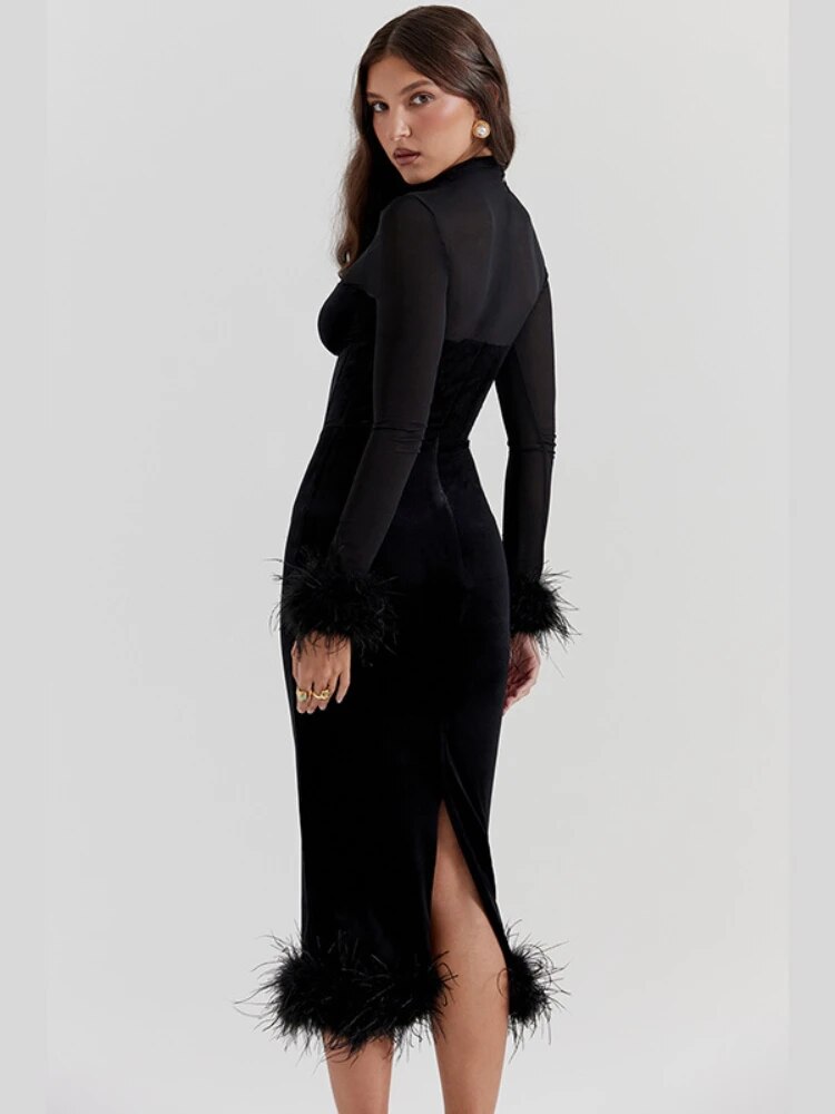 TARUXY Mesh Splice Maxi Dress Women High Waist Slim Feather Temperament Dresses Female Party Retro Elegant Evening Dress Woman - View 6 | VelvetHem