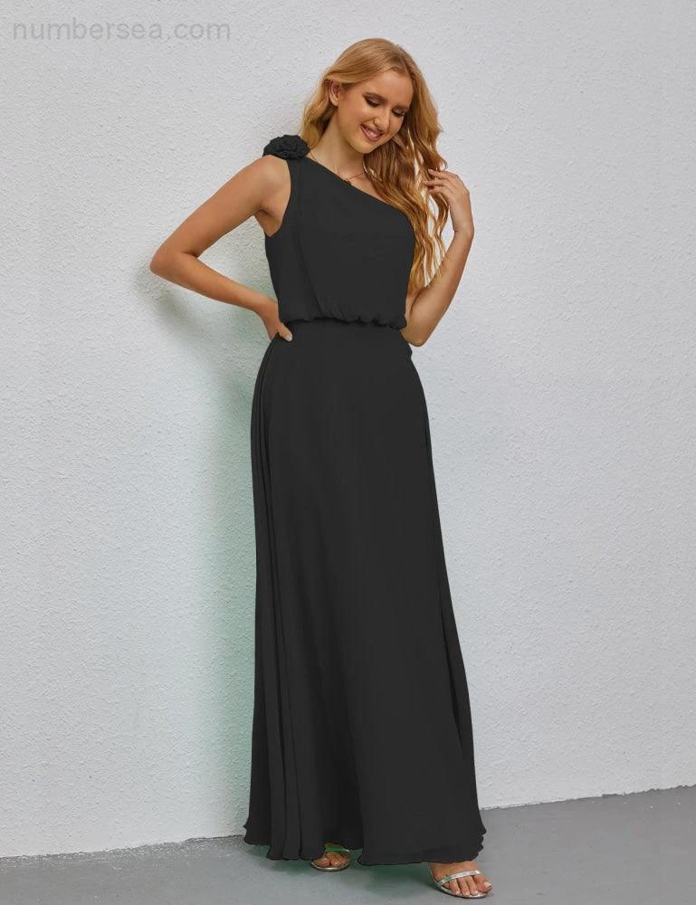 Ruffled One Shoulder Sleeveless Long Bridesmaid Dresses A-line Formal Evening Gown Side Split 28080 (ZD17018)