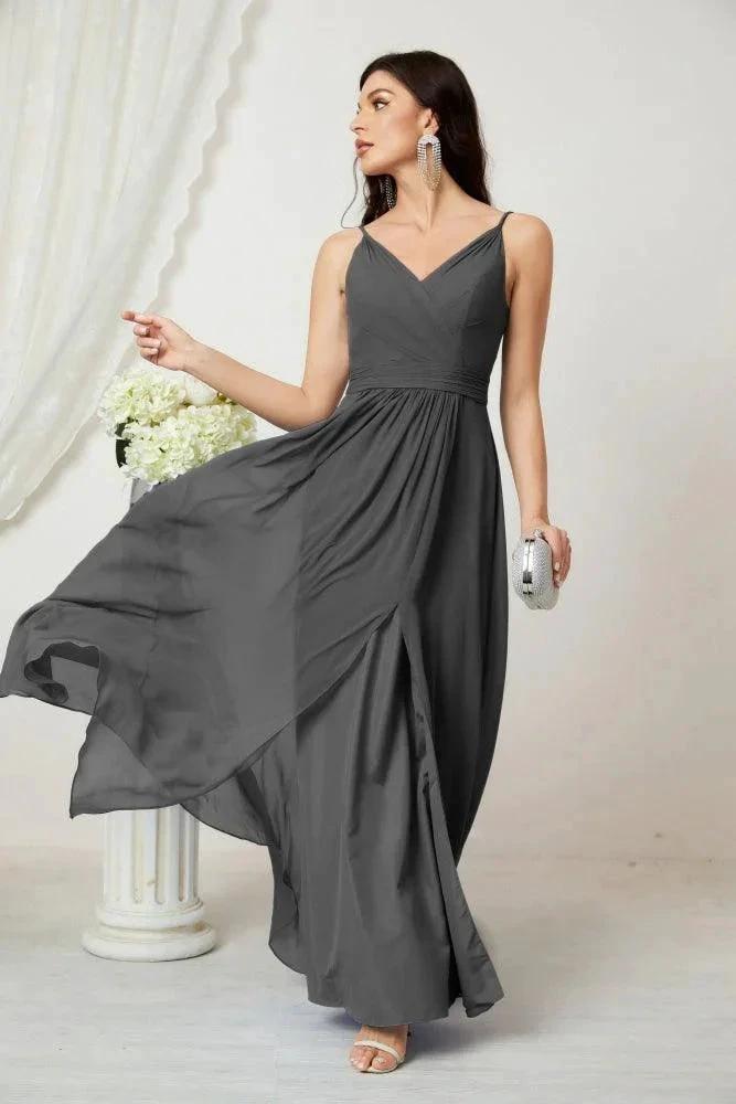 Numbersea Chiffon V-Neck Bridesmaid Dress Spaghetti Strap Long Formal Party Prom Gowns with Slit 28010 by numbersea