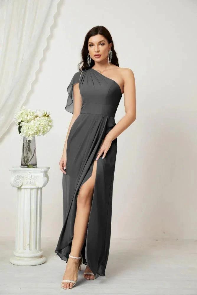 Numbersea Chiffon Ruffled One Shoulder Long Bridesmaid Dresses A-line Formal Evening Gown Side Split 2809 by numbersea