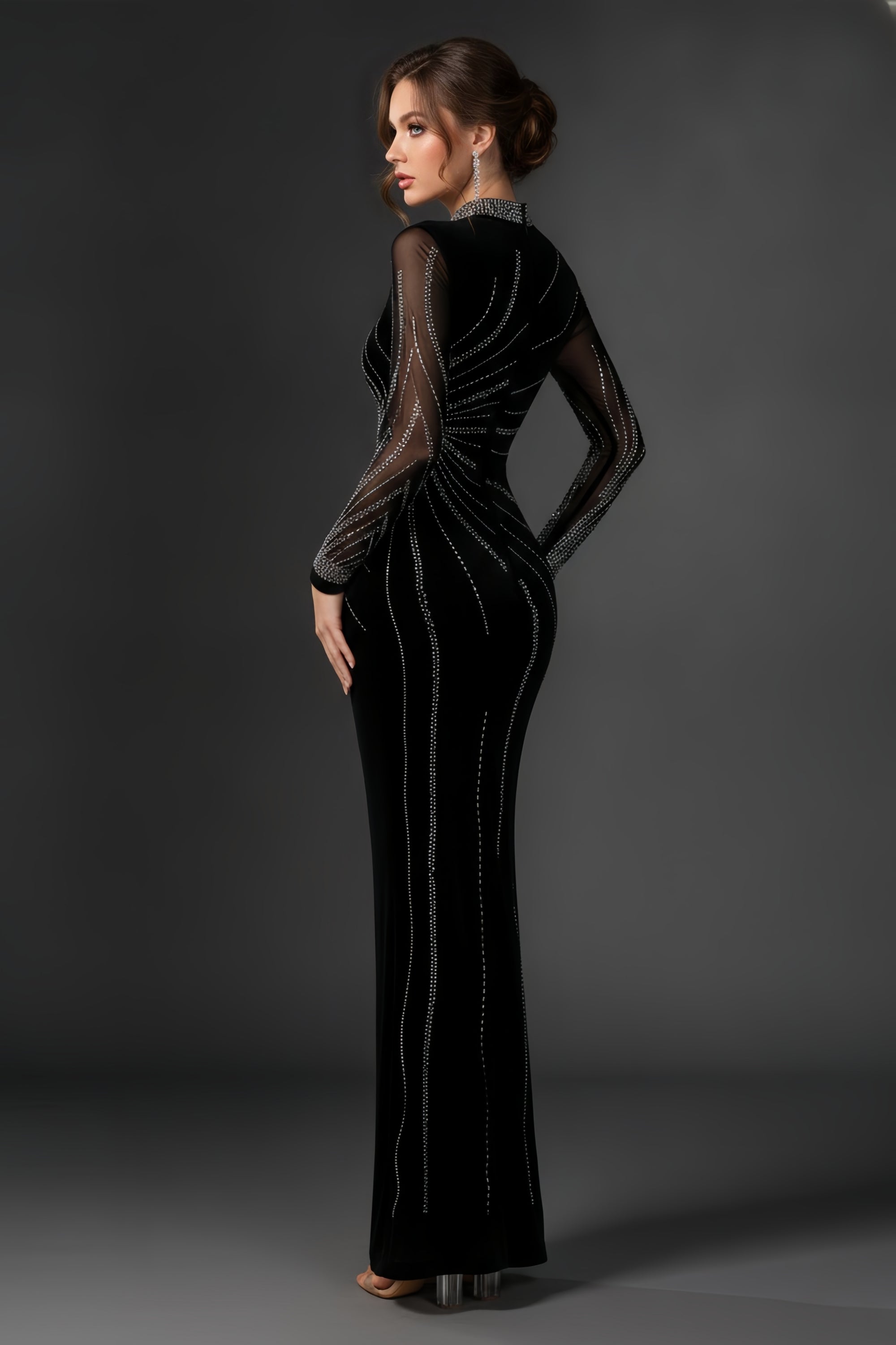 Rhinestone Embellished Long Sleeve Mermaid Gown with Slit