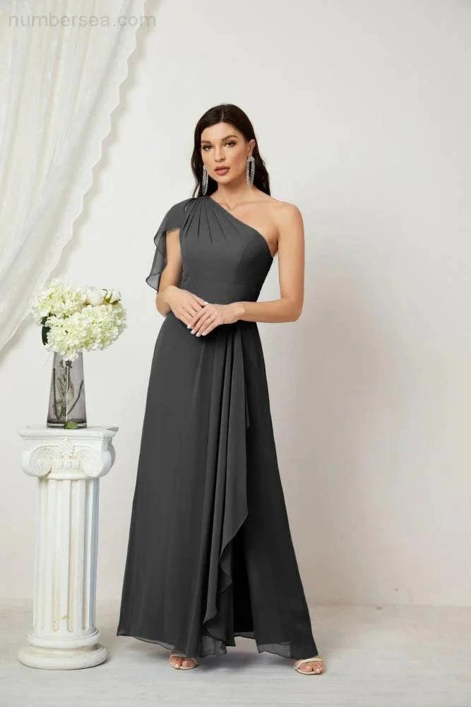ZapDress  Chiffon Ruffled One Shoulder Long Bridesmaid Dresses A-line Formal Evening Gown Side Split 2809 (ZD17049)