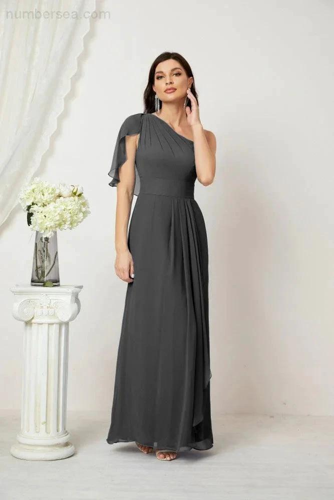 ZapDress  Chiffon Ruffled One Shoulder Long Bridesmaid Dresses A-line Formal Evening Gown Side Split 2809 (ZD17049)
