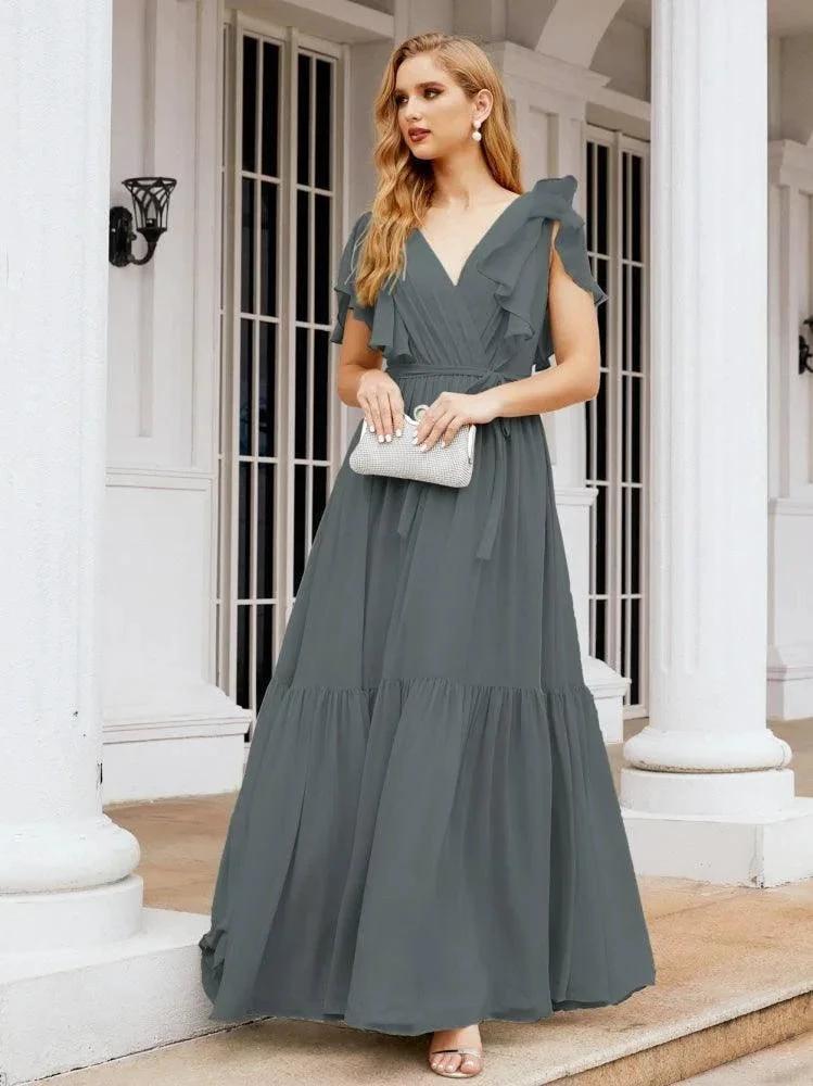 Numbersea Women's Open Back Formal Evening Party Prom Gowns V-Neck Long Chiffon Bridesmaid Dresses with Waist Belt 28038 by numbersea