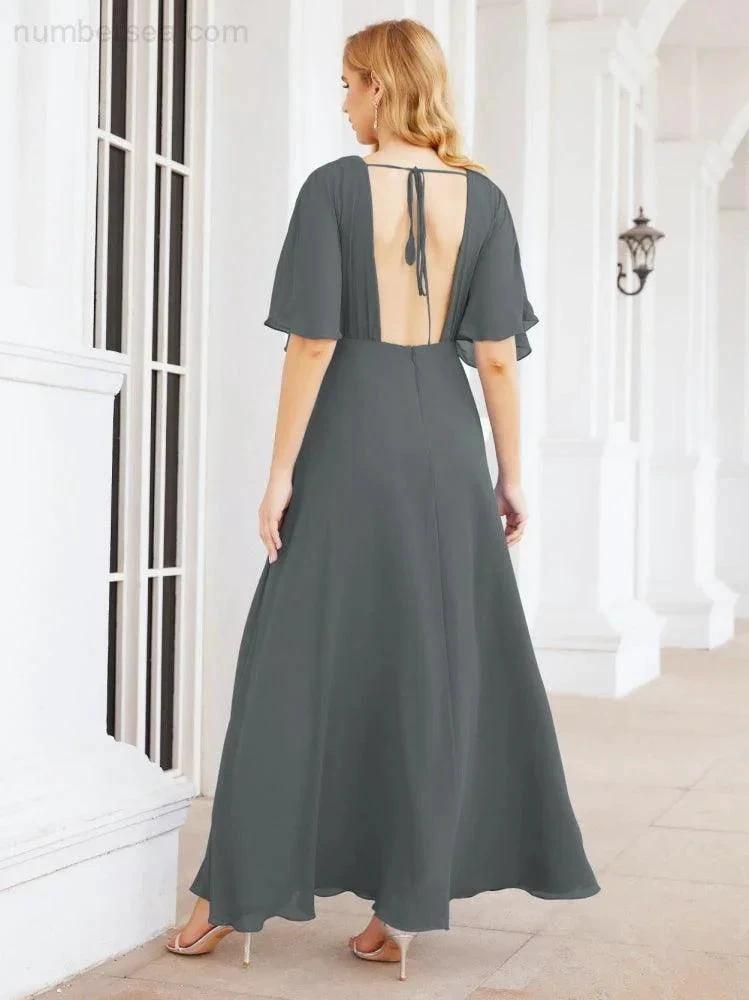 ZapDress V-Neck Bridesmaid Dress Chiffon Long Open Back Formal Dresses for Women Party Evening 28067 (ZD17046)