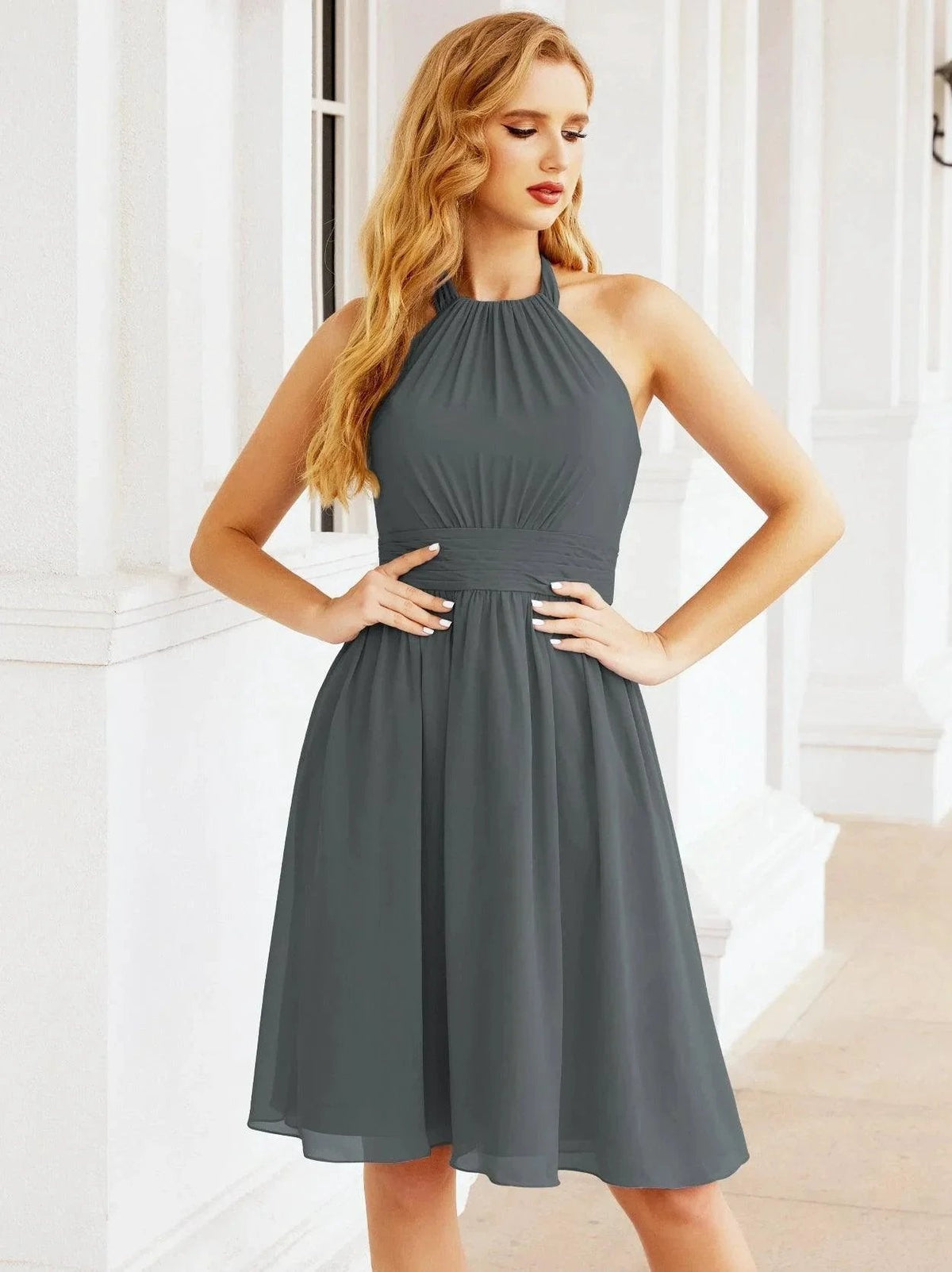 ZapDress Halter Chiffon Bridesmaid Dresses Short Sleeveless Formal Party Dress Open Back 28023 (ZD16957)