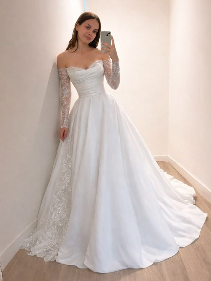 A-Line Sweetheart Lace Long Sleeve Ballgown Bridal Gown With Train