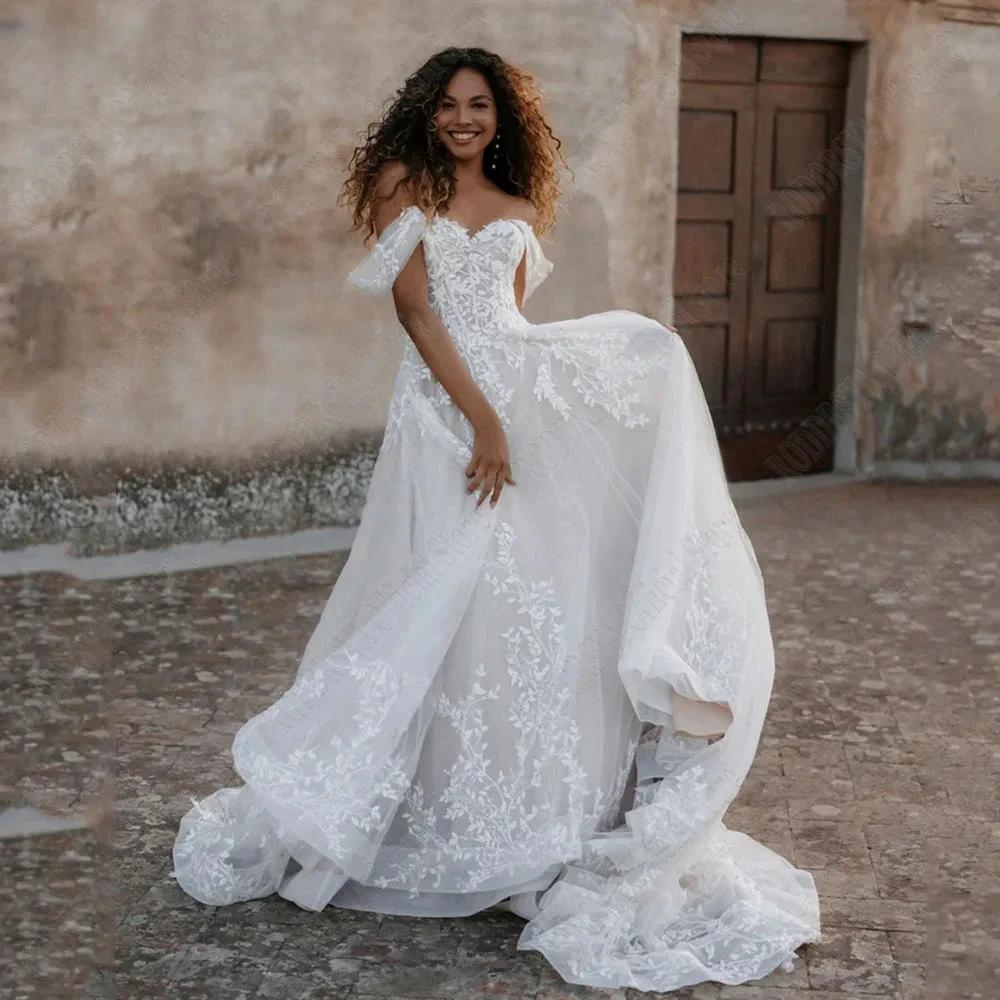 Exquisite Off Shoulder Wedding Dresses Sweetheart Applique Bride Gowns A-Line vestidos de novia playa Custom Made (ZD13522)