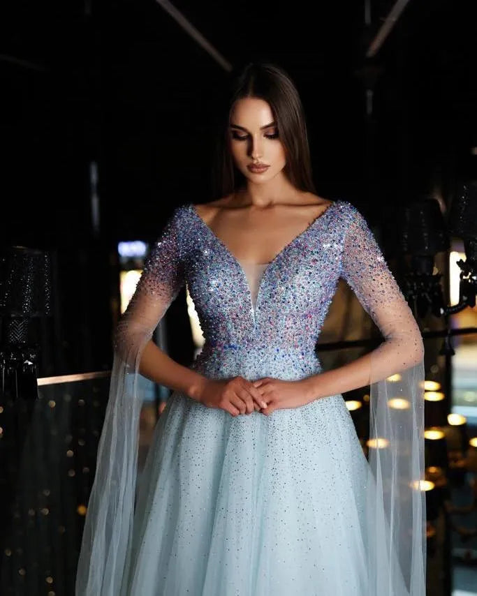 Noble Sky Blue Tulle Prom Dress V-Neck Long Cape Floor Length Ruched Sequineds Formal Evening Dress Women Party Gowns