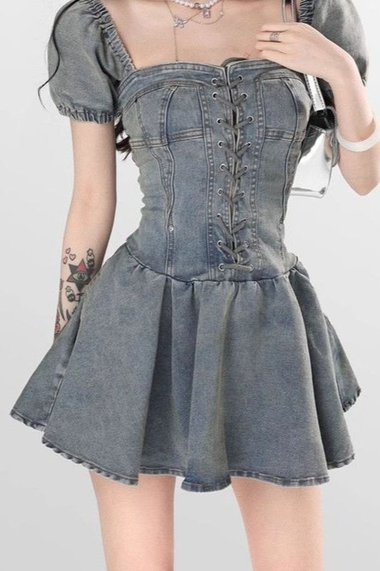 Lace Up Strapless Denim Dress - View 3 | VelvetHem