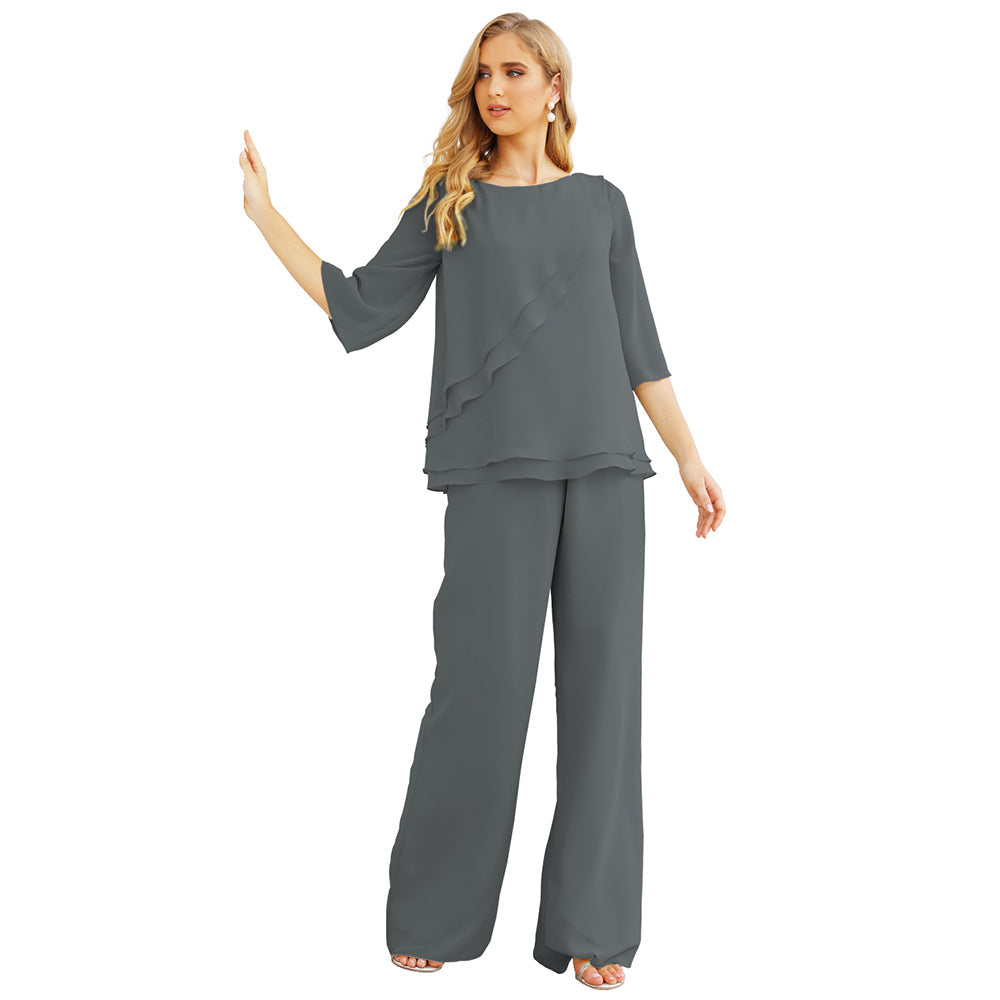 Sunnderly Chiffon Mother of The Bride Dress Plus Size Pant Suits Ruffle Layers
