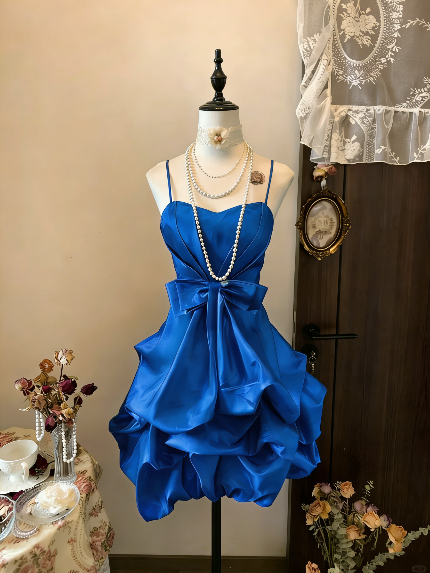 Vintage Yellow Spaghetti Straps Satin Pleated Short Prom Dress Formal Graduation Homecoming Dress D496