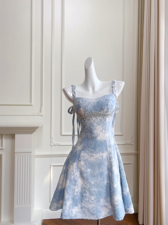 Glamorous Blue Satin Beaded Mini Prom Dress A-Line Homecoming Dress - FashionDia