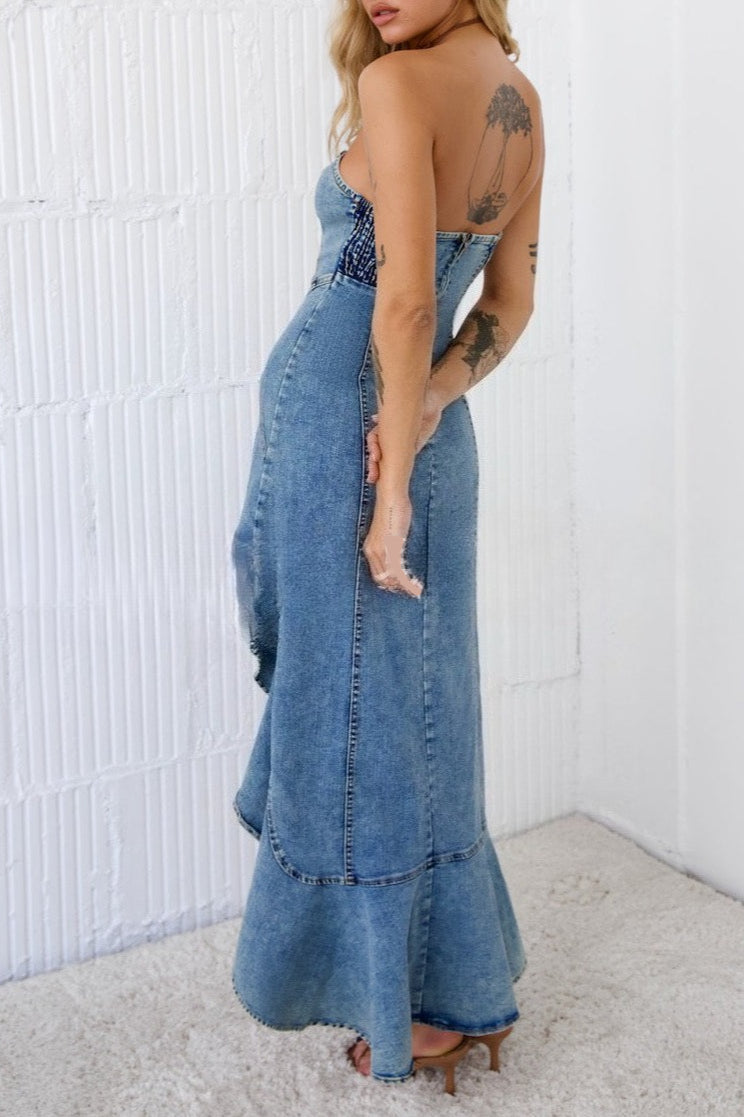 Strapless Bodycon Denim Dress - View 5 | VelvetHem