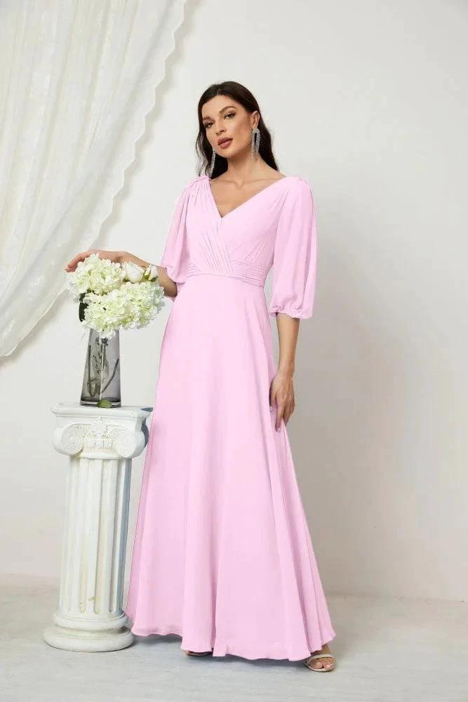 Numbersea Formal Prom Gown Women V-Neck Chiffon Bridesmaid Dresses Long Bishop Sleeve Party Dress 2807 by numbersea