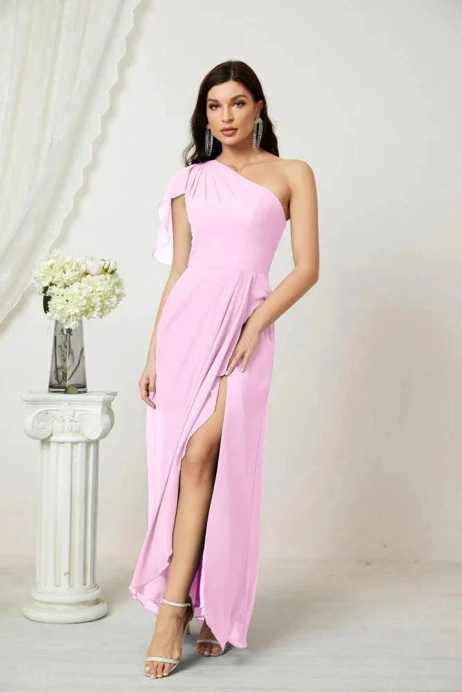 Numbersea Chiffon Ruffled One Shoulder Long Bridesmaid Dresses A-line Formal Evening Gown Side Split 2809 by numbersea