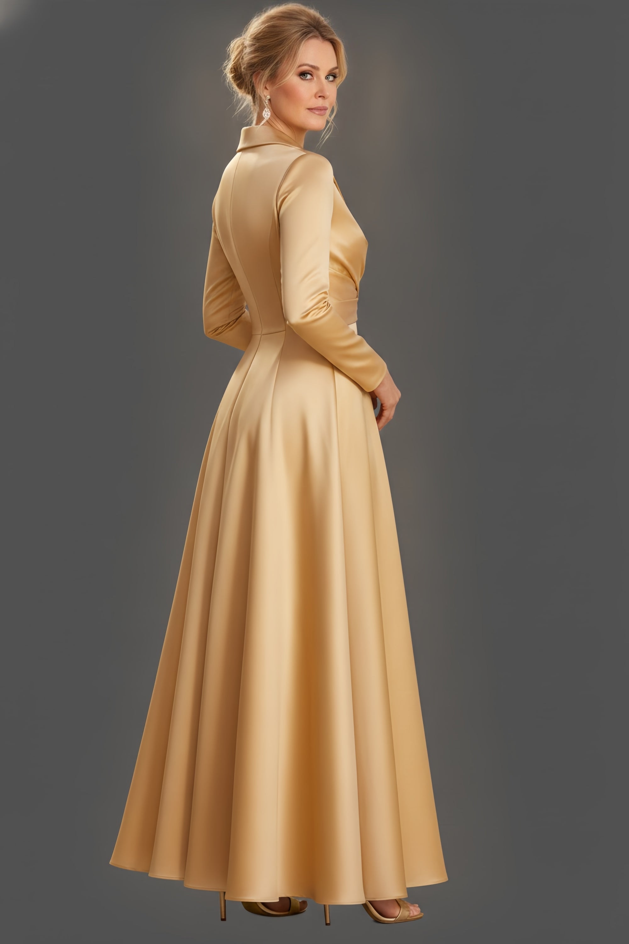 Sophisticated V-Neck Lapel Long Sleeve A-Line Evening Gown