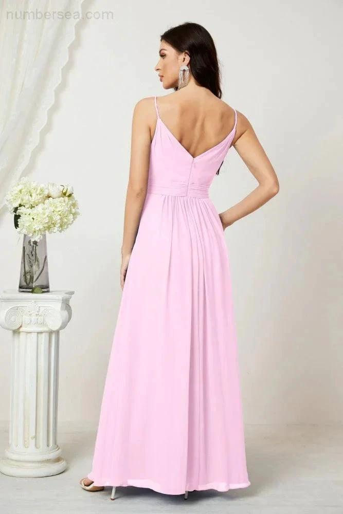 ZapDress Chiffon V-Neck Bridesmaid Dress Spaghetti Strap Long Formal Party Prom Gowns with Slit 28010 (ZD17028)