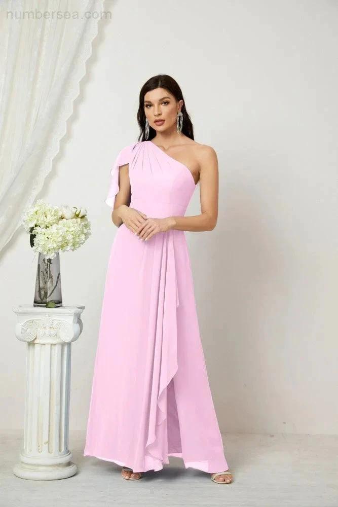 ZapDress  Chiffon Ruffled One Shoulder Long Bridesmaid Dresses A-line Formal Evening Gown Side Split 2809 (ZD17049)