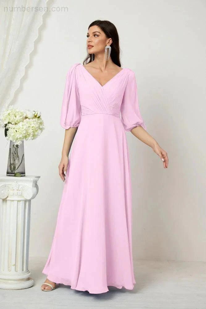 ZapDress  Formal Prom Gown Women V-Neck Chiffon Bridesmaid Dresses Long Bishop Sleeve Party Dress 2807 (ZD17027)