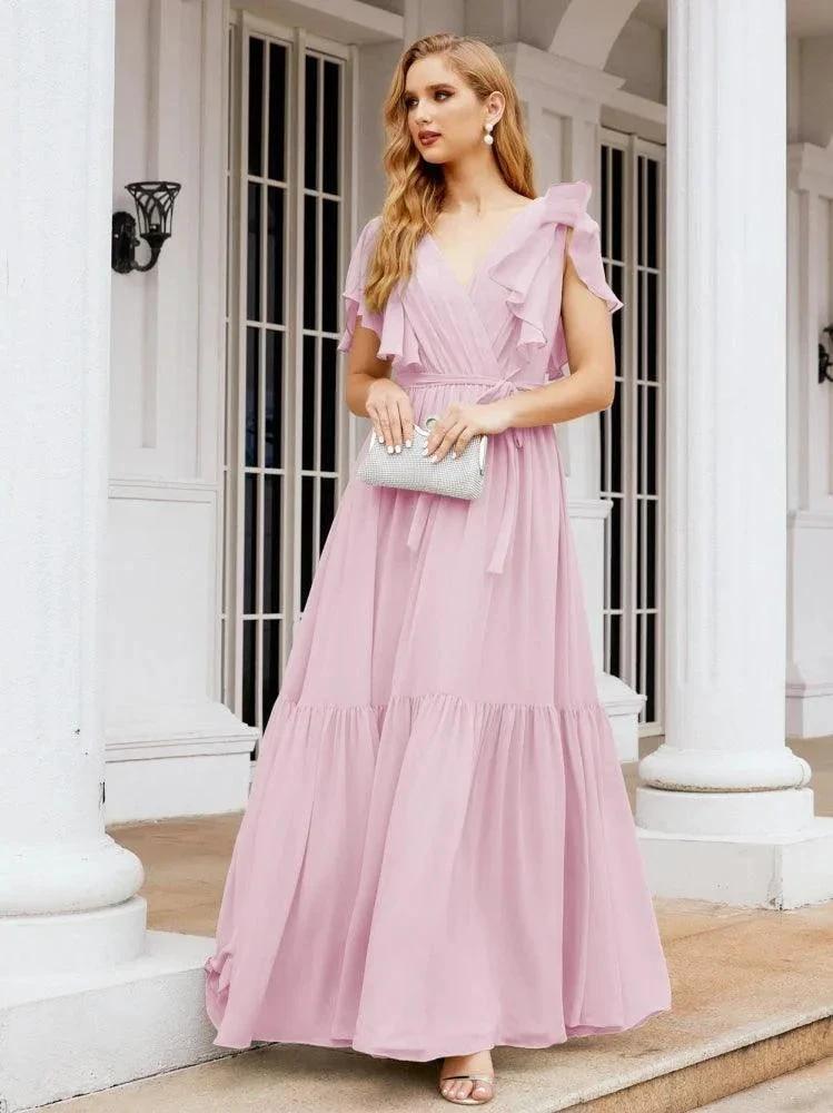 Numbersea Women's Open Back Formal Evening Party Prom Gowns V-Neck Long Chiffon Bridesmaid Dresses with Waist Belt 28038 by numbersea