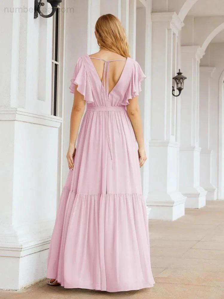 ZapDress Women's Open Back Formal Evening Party Prom Gowns V-Neck Long Chiffon Bridesmaid Dresses with Waist Belt 28038 (ZD17000)