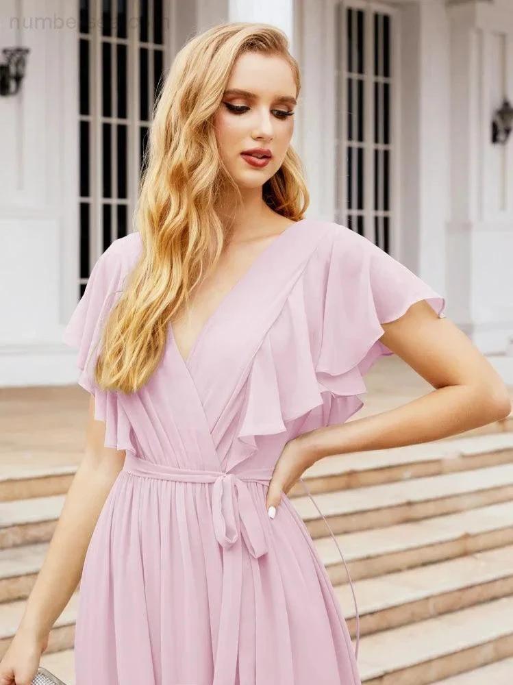 ZapDress Women's Open Back Formal Evening Party Prom Gowns V-Neck Long Chiffon Bridesmaid Dresses with Waist Belt 28038 (ZD17000)