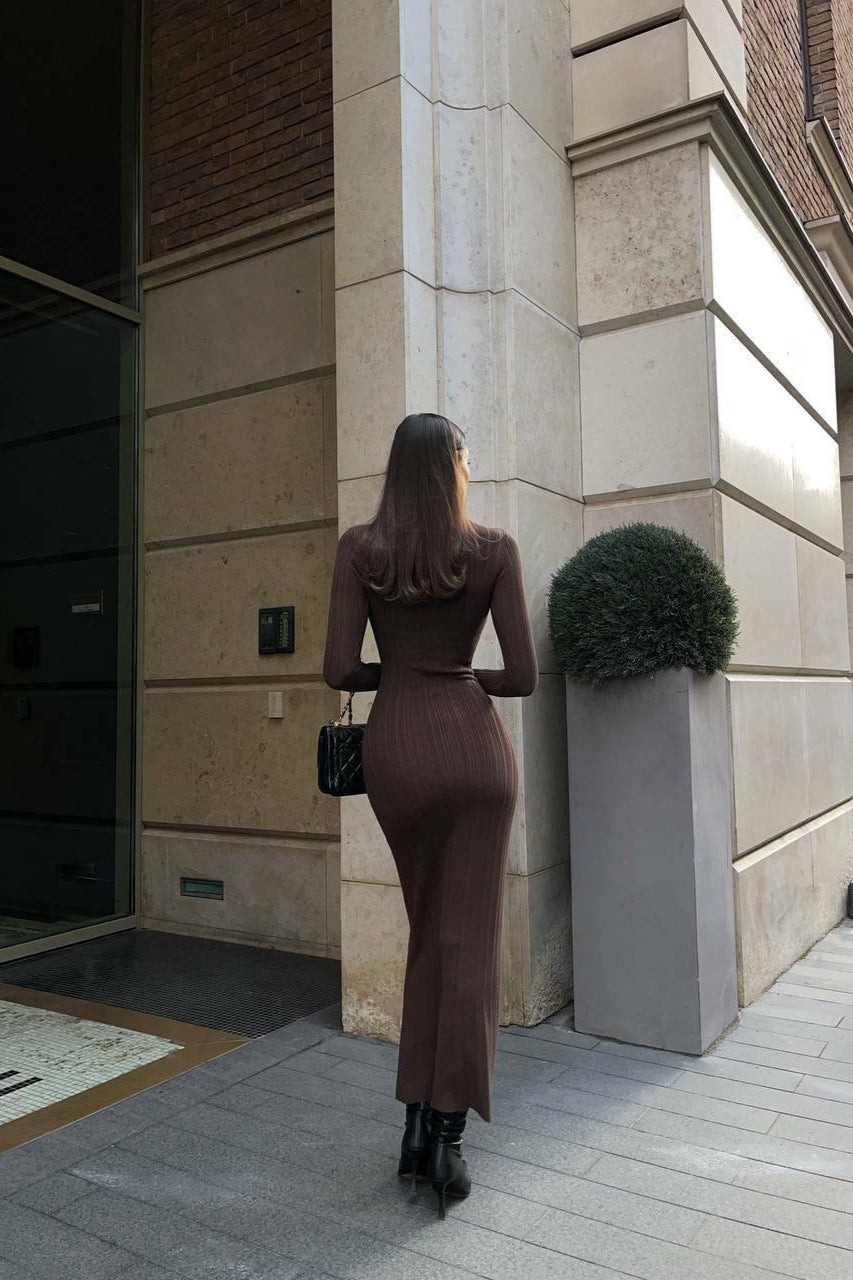 Turtleneck Striped Knit Slim-Fit Long Sleeve Sweater Dress - View 5 | VelvetHem