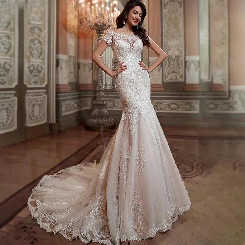 Luxury Mermaid Wedding Dress Short Sleeves Lace Appliques Elegant Boat Neck Bride Gown Illusion Backless Button Train (ZD13536)