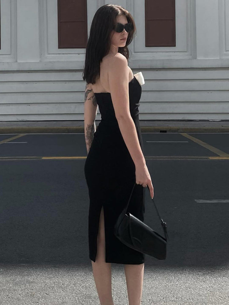 TARUXY Black Splice Bow Long Dress Women Sexy Slit Bodycon Off Shoulder Dresses Lady Wedding Elegant Party Evening Dress Femme - View 2 | VelvetHem