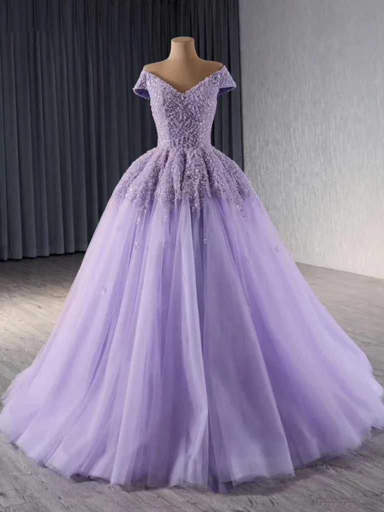 Shiny Off Shoulder Purple Sequins Beaded Long Tulle Quinceanera Dress Formal Ball Gown