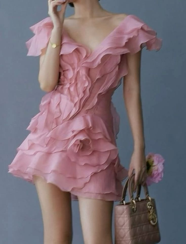 Classy V-Neck Pink Chiffon Ruffle Short Cocktail Dress Homecoming Dress - FashionDia