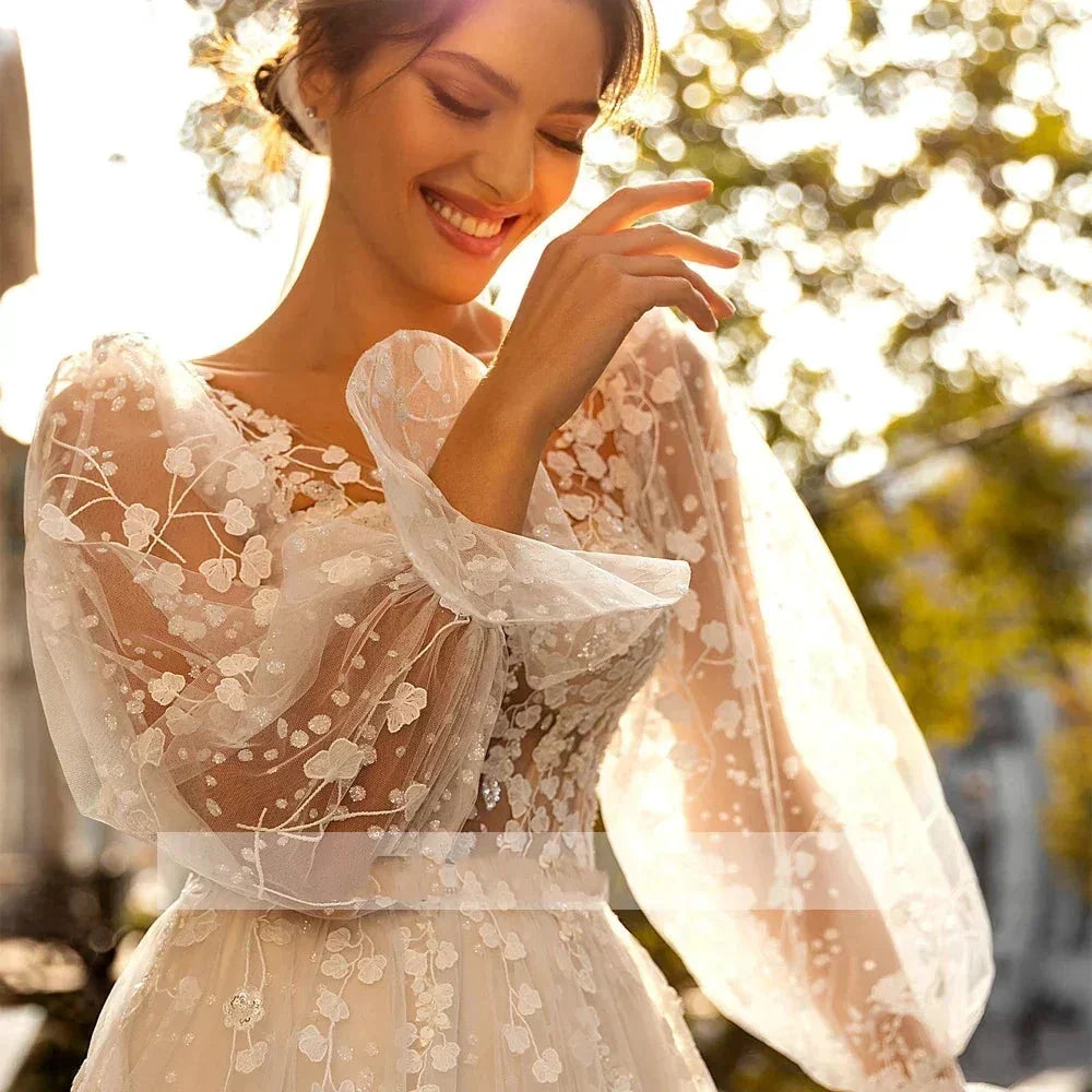 3D Flower Wedding Dress Lace Long Sleeve Women's Bridal Gownes Sexy V-neck Tulle Transparent A-line Dress Bohemia Robe Vestido (ZD14010)