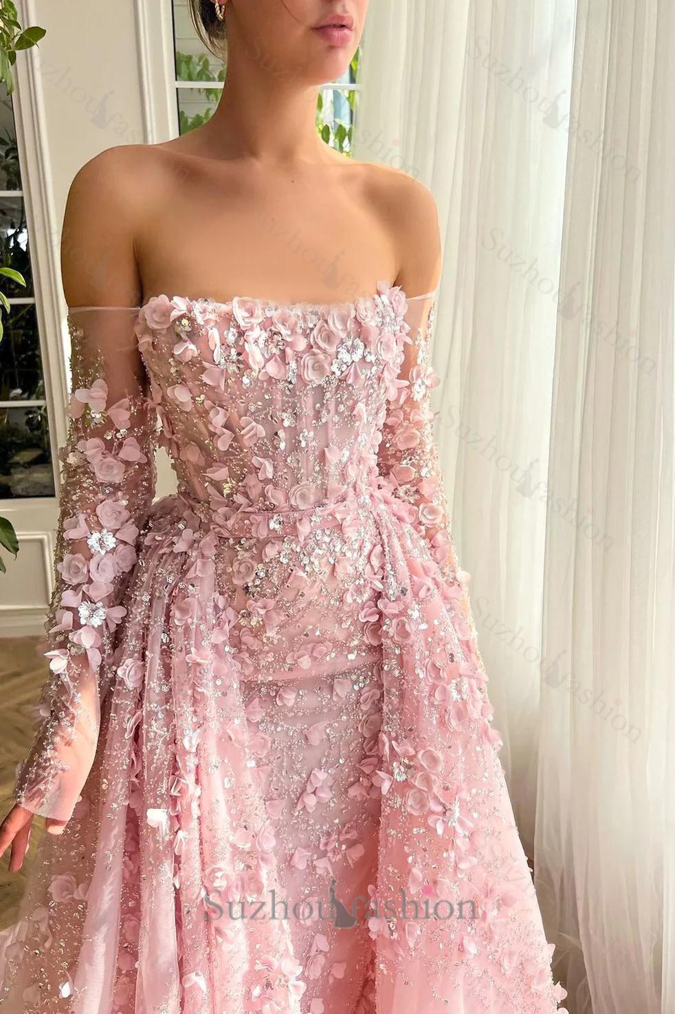 3D Flowers Pink Prom Dress Off The Shoulder Formal Dress With Panel Train