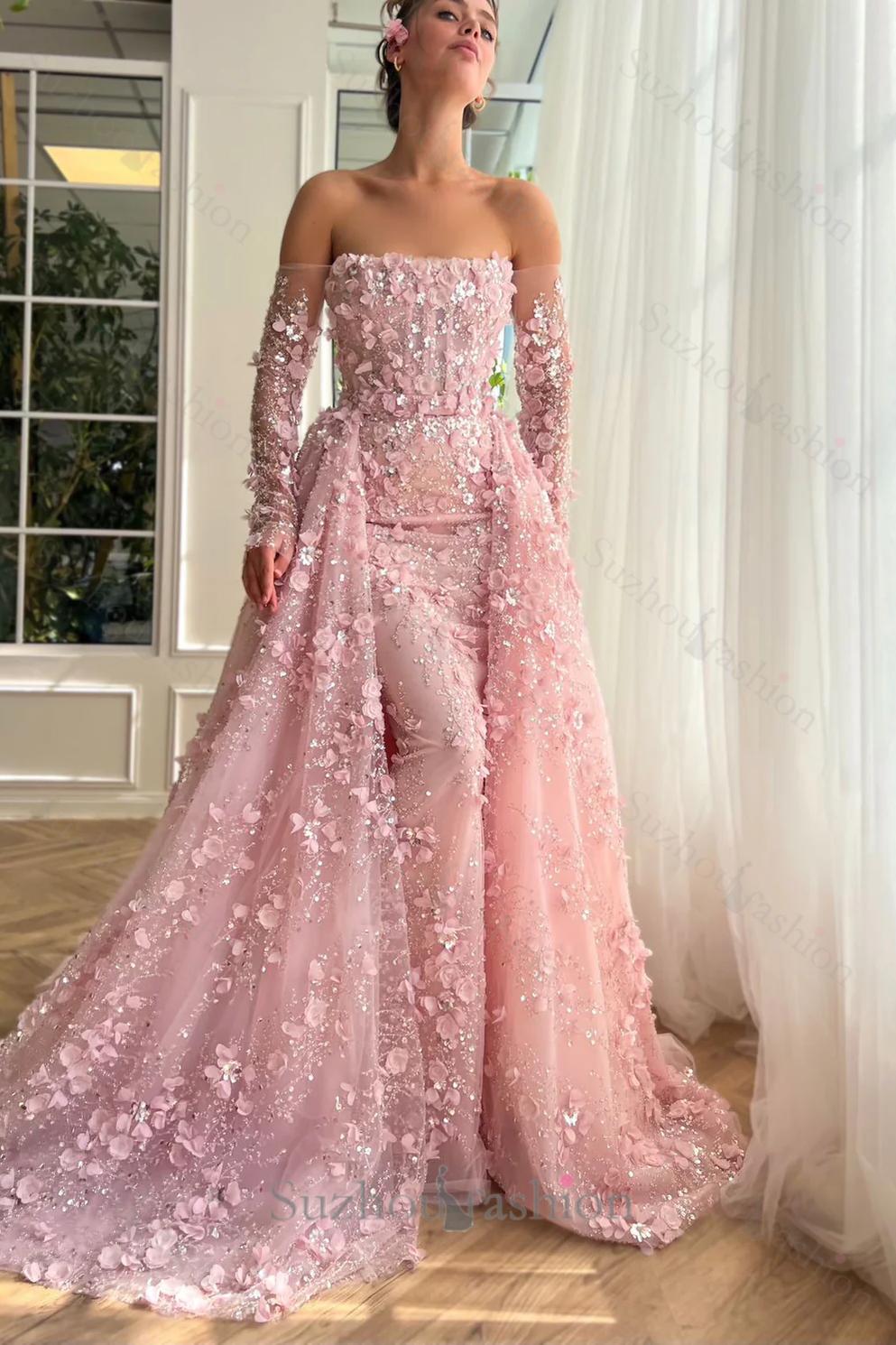 3D Flowers Pink Prom Dress Off The Shoulder Formal Dress With Panel Train